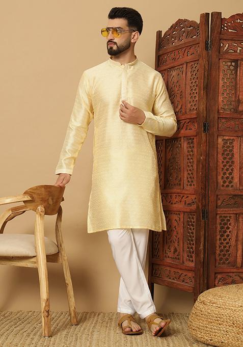 Yellow Embroidered Viscose Kurta Set For Men