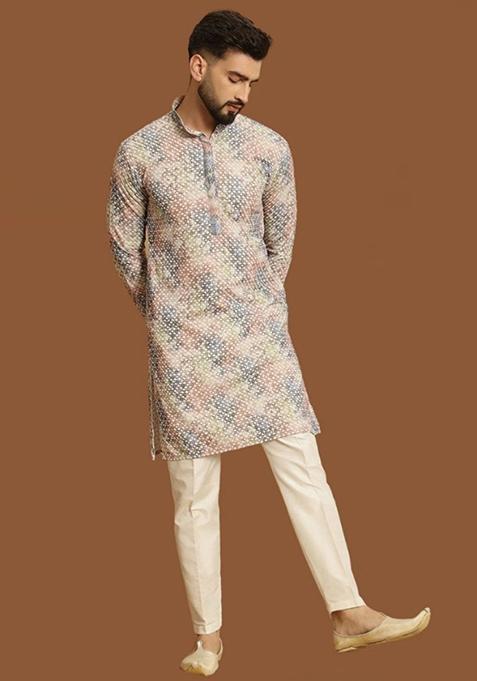 Multicolour Embroidered Heavy Jacquard Silk Kurta Set For Men