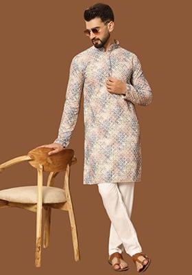 Multicolour Embroidered Heavy Jacquard Silk Kurta Set For Men