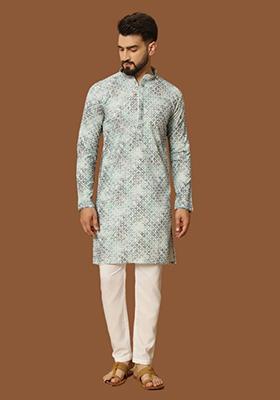 Grey Embroidered Heavy Jacquard Silk Kurta Set For Men