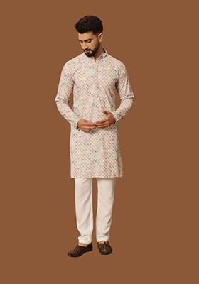 Pink Embroidered Heavy Jacquard Silk Kurta Set For Men