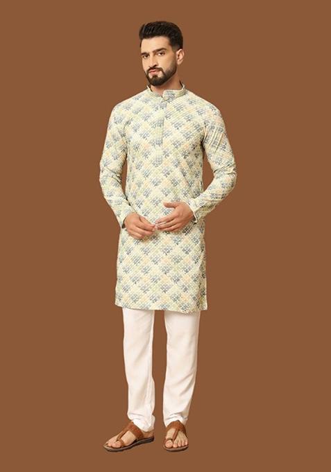 Yellow Embroidered Heavy Jacquard Silk Kurta Set For Men