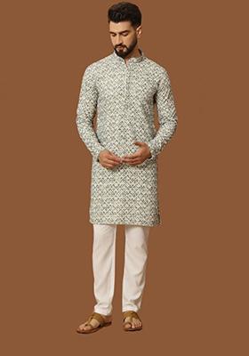 Multicolour Embroidered Heavy Jacquard Silk Kurta Set For Men