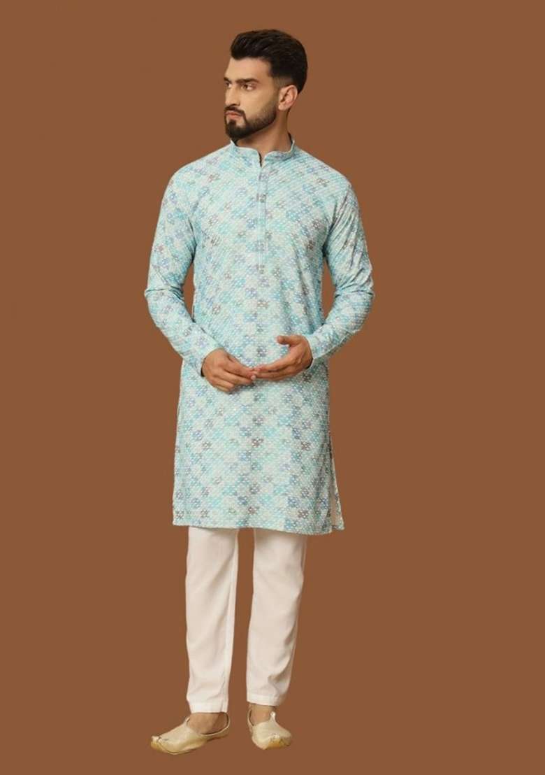 Sky Blue Embroidered Heavy Jacquard Silk Kurta Set For Men - Indya