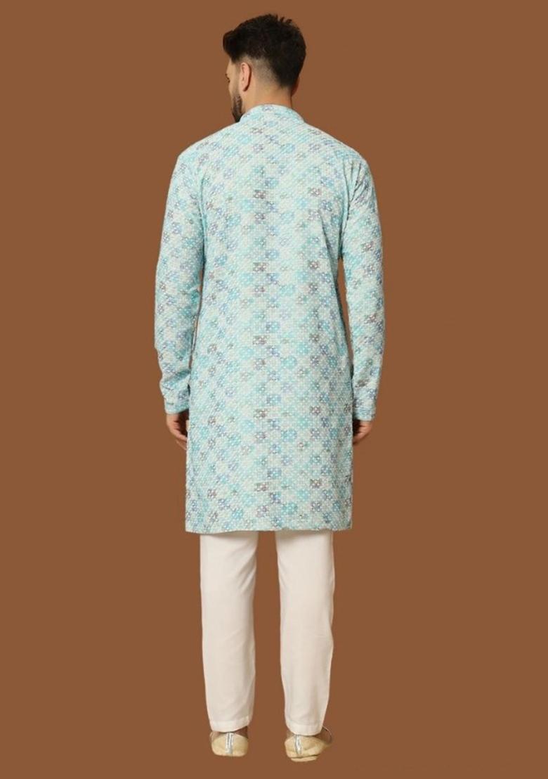 Sky Blue Embroidered Heavy Jacquard Silk Kurta Set For Men