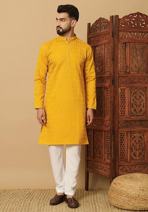 Yellow Embroidered Heavy Jacquard Silk Kurta Set For Men