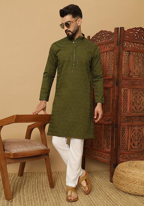 Olive Embroidered Heavy Jacquard Silk Kurta Set For Men
