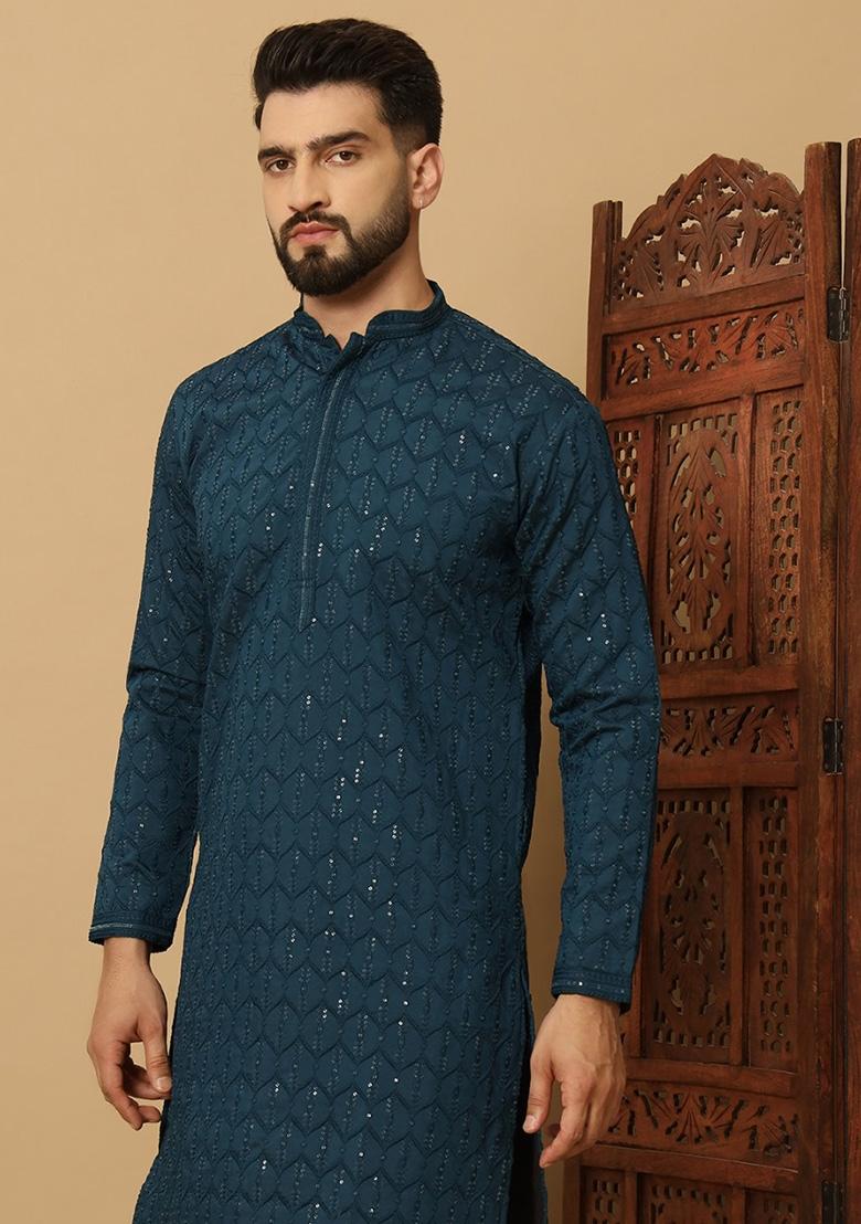 Blue Embroidered Heavy Jacquard Silk Kurta Set For Men