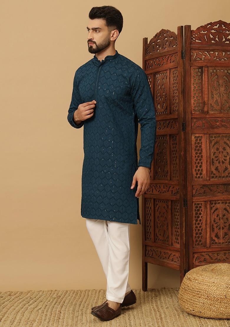 Blue Embroidered Heavy Jacquard Silk Kurta Set For Men