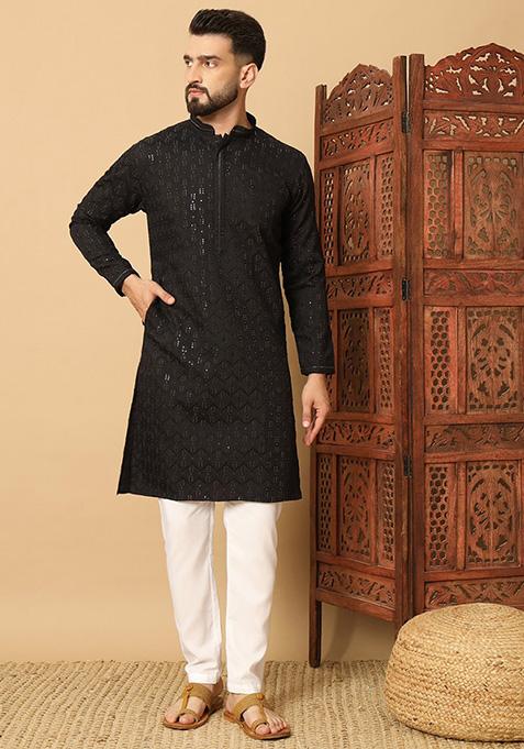 Black Embroidered Heavy Jacquard Silk Kurta Set For Men