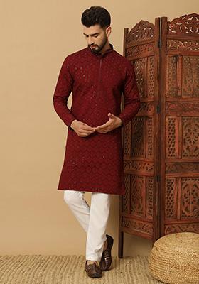Maroon Embroidered Heavy Jacquard Silk Kurta Set For Men