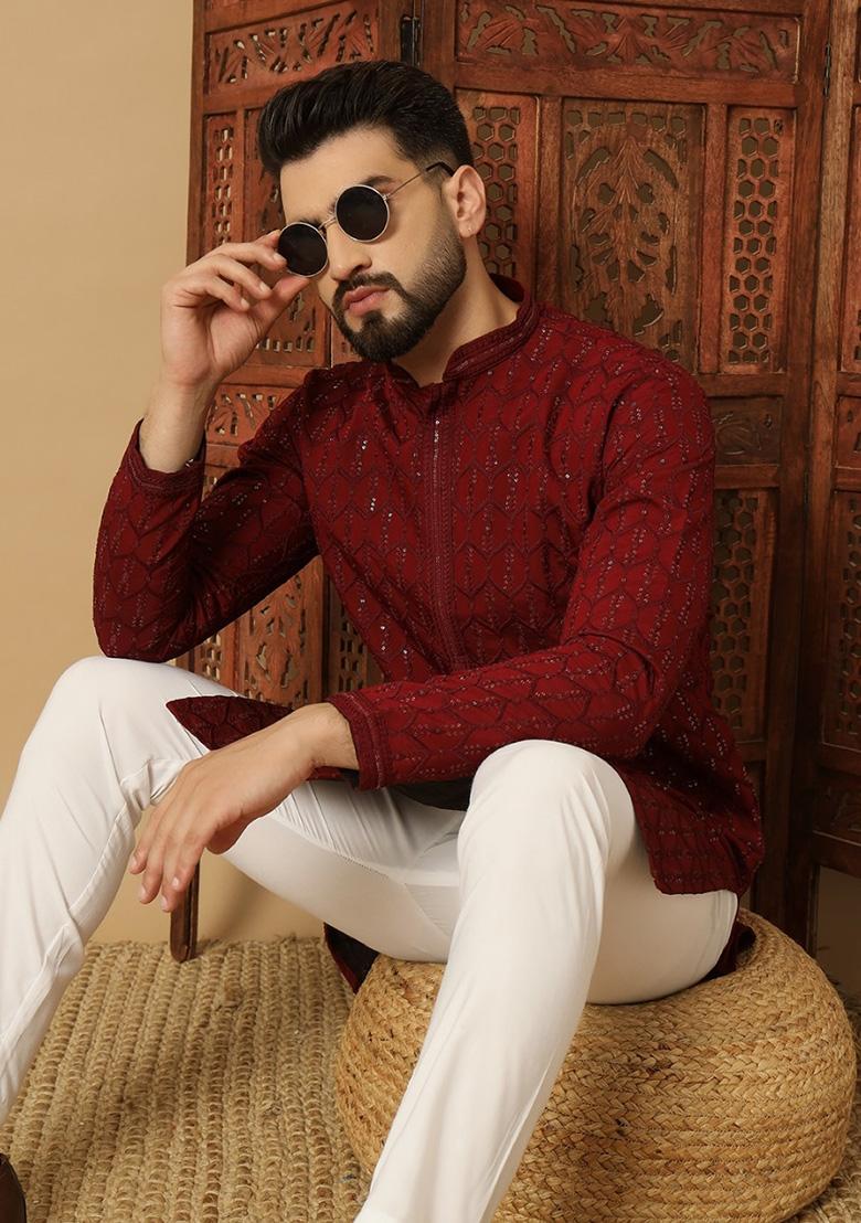 Maroon Embroidered Heavy Jacquard Silk Kurta Set For Men