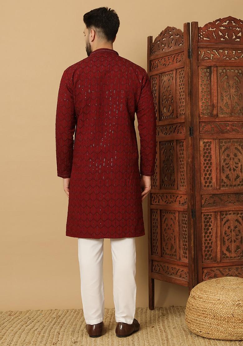 Maroon Embroidered Heavy Jacquard Silk Kurta Set For Men