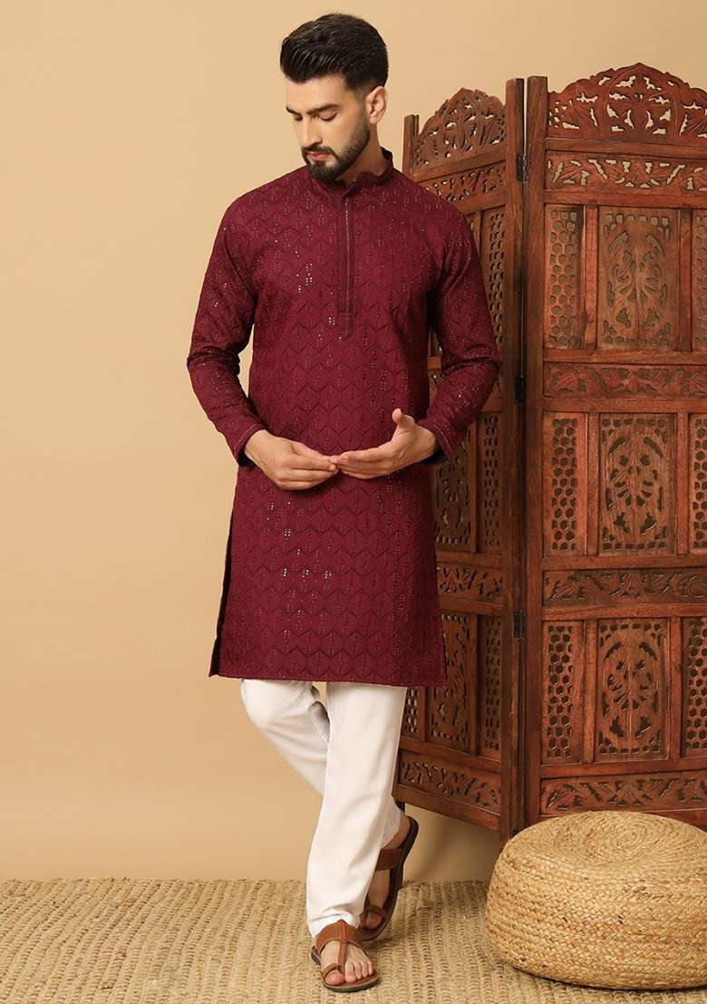 Wine Embroidered Heavy Jacquard Silk Blend Kurta Set For Men - Indya
