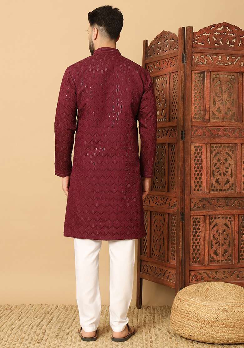 Wine Embroidered Heavy Jacquard Silk Blend Kurta Set For Men - Indya