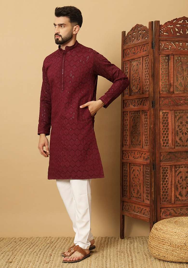 Wine Embroidered Heavy Jacquard Silk Blend Kurta Set For Men - Indya