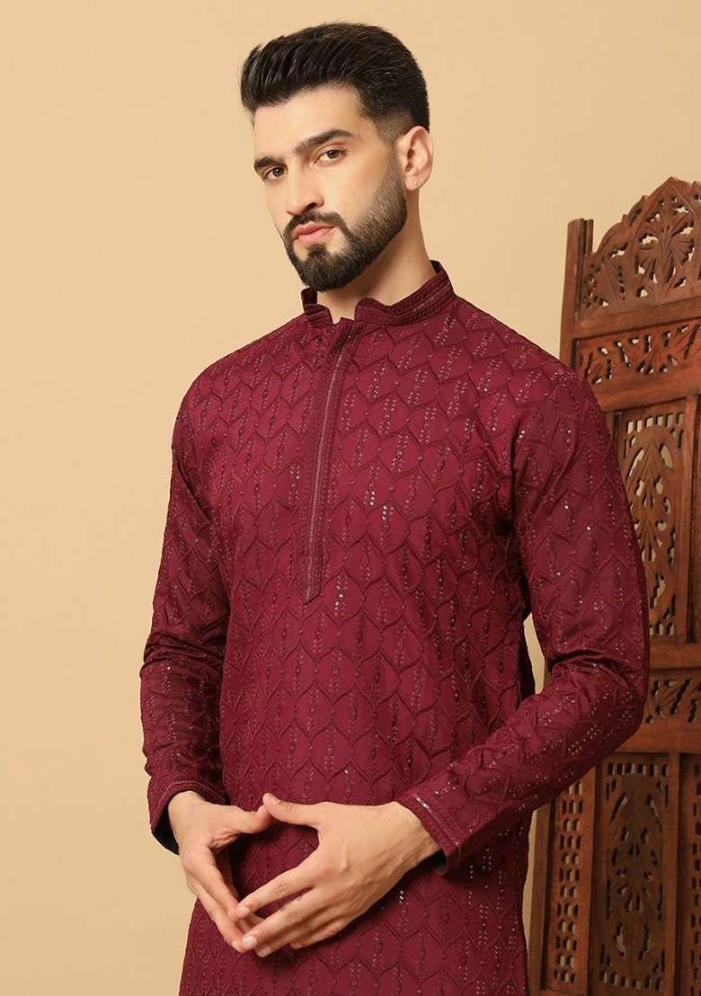 Wine Embroidered Heavy Jacquard Silk Blend Kurta Set For Men - Indya