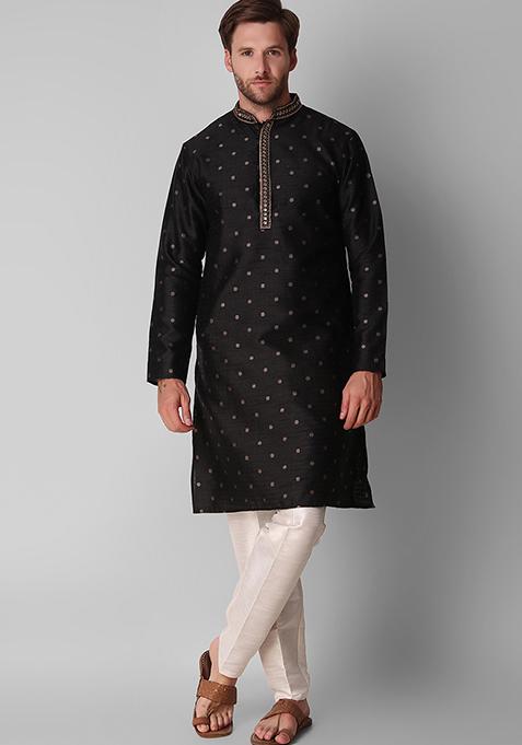 Black Zari Work Faux Jacquard Kurta Set For Men