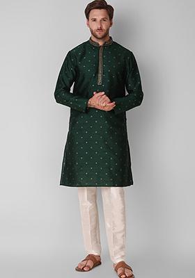 Green Zari Work Faux Jacquard Kurta Set For Men