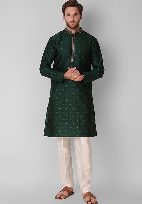 Green Zari Work Faux Jacquard Kurta Set For Men