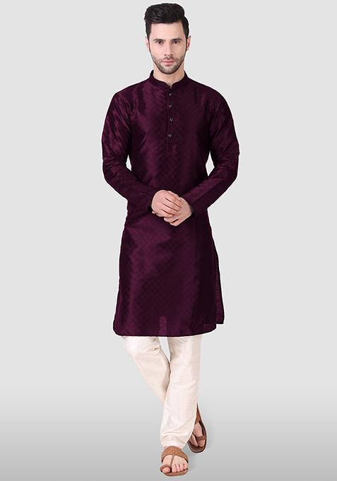 Purple Abstract Print Art Silk Kurta Set For Men