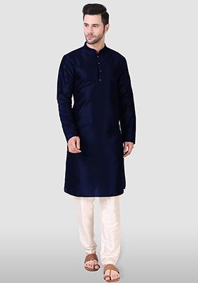 Navy Blue Abstract Print Art Silk Kurta Set For Men