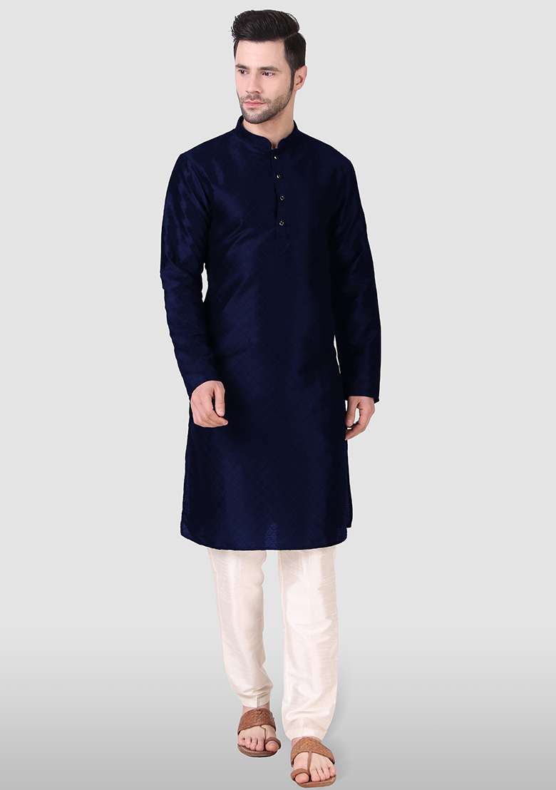 Navy Blue Abstract Print Art Silk Kurta Set For Men - Indya