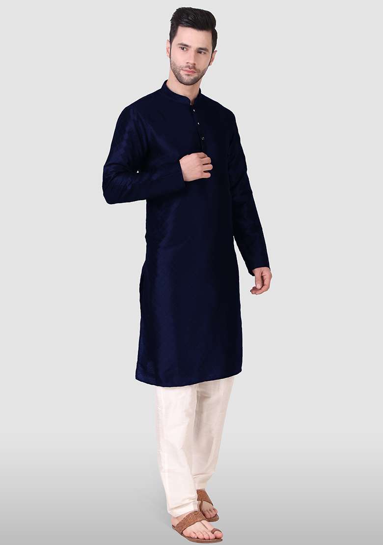 Navy Blue Abstract Print Art Silk Kurta Set For Men - Indya