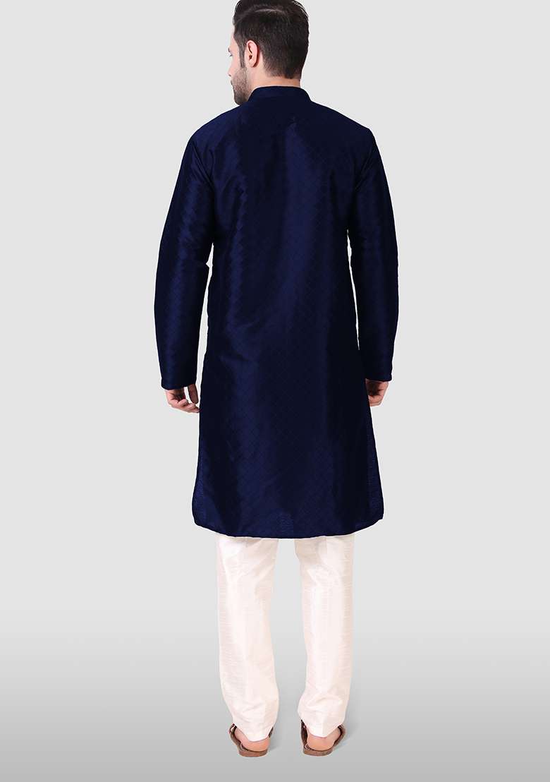 Navy Blue Abstract Print Art Silk Kurta Set For Men - Indya