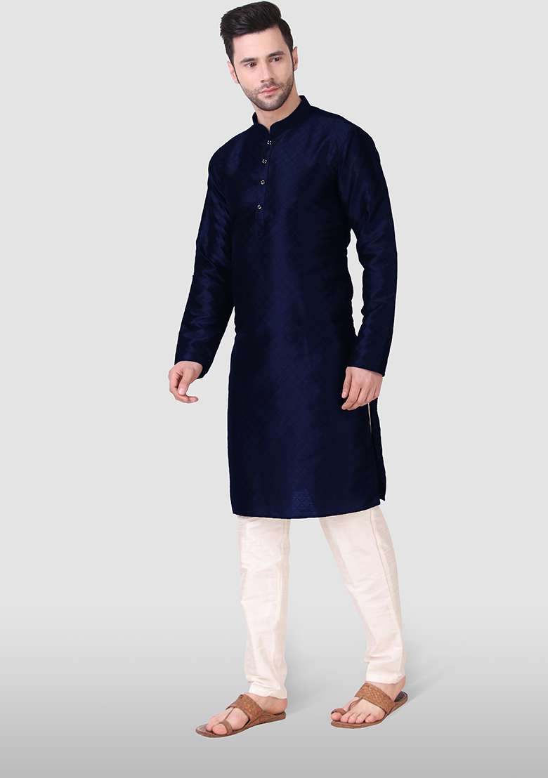 Navy Blue Abstract Print Art Silk Kurta Set For Men - Indya