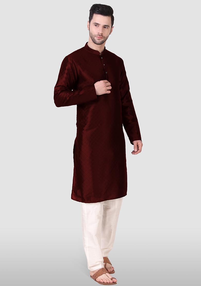 Maroon Abstract Print Art Silk Kurta Set For Men