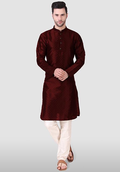 Maroon Abstract Print Art Silk Kurta Set For Men