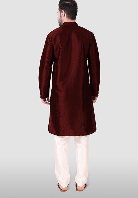 Maroon Abstract Print Art Silk Kurta Set For Men