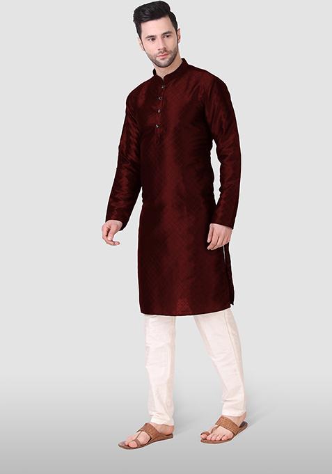 Maroon Abstract Print Art Silk Kurta Set For Men