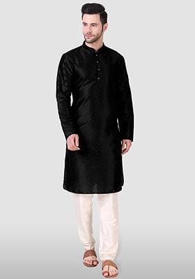 Black Abstract Print Art Silk Kurta Set For Men