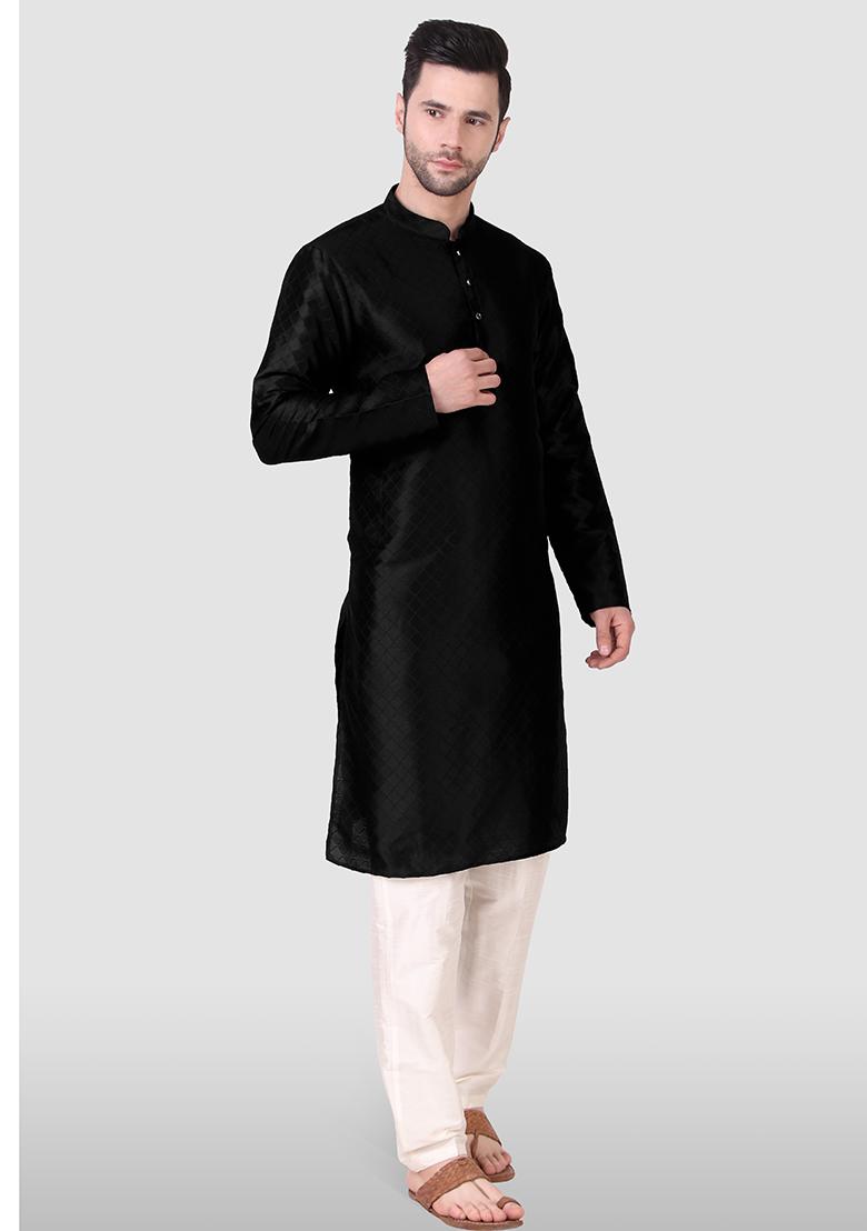 Black Abstract Print Art Silk Kurta Set For Men - Indya
