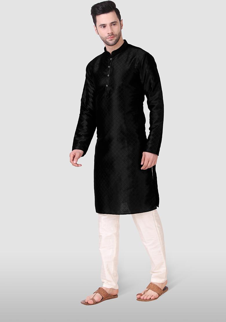 Black Abstract Print Art Silk Kurta Set For Men - Indya