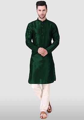 Green Abstract Print Art Silk Kurta Set For Men