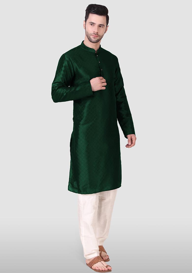 Green Abstract Print Art Silk Kurta Set For Men