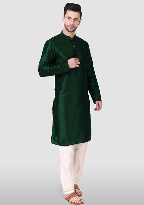 Green Abstract Print Art Silk Kurta Set For Men
