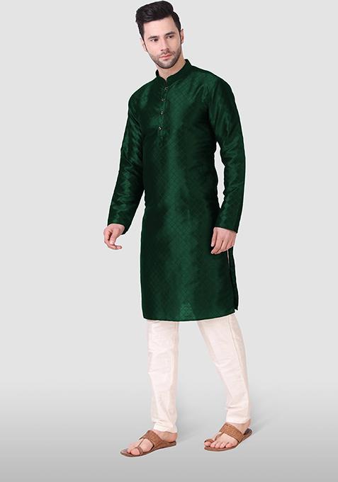 Green Abstract Print Art Silk Kurta Set For Men