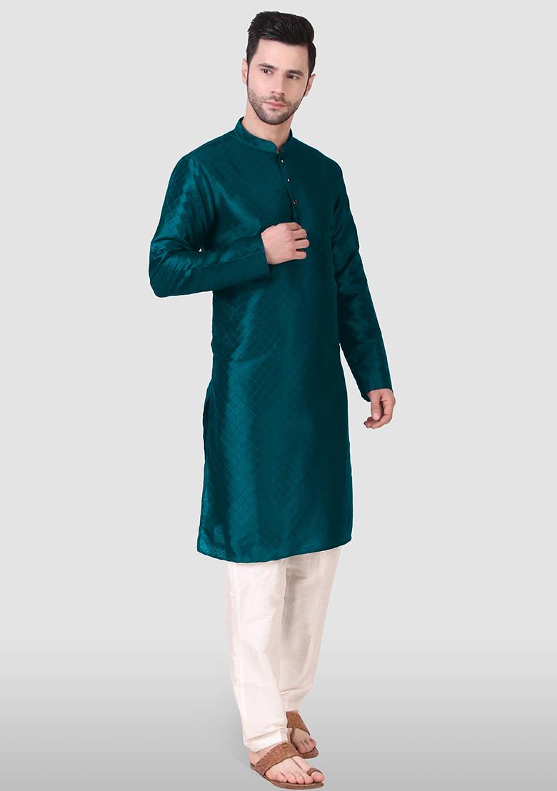 Teal Blue Abstract Print Art Silk Kurta Set For Men