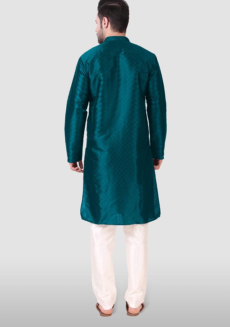 Teal Blue Abstract Print Art Silk Kurta Set For Men