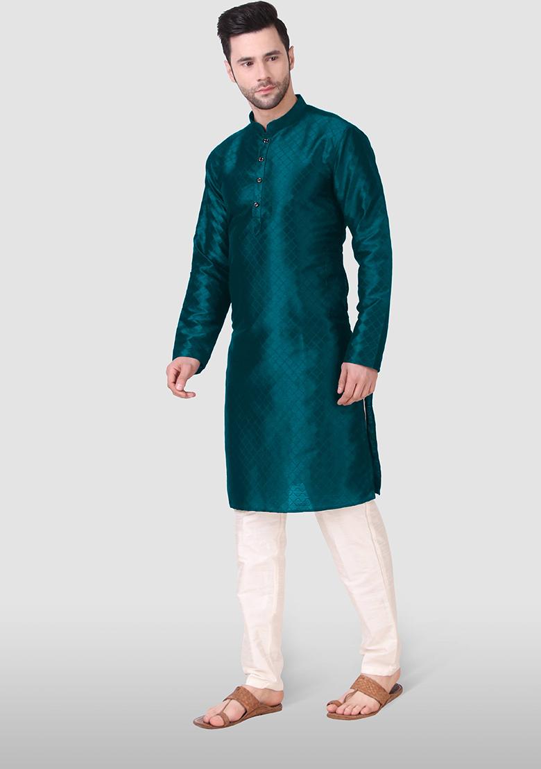 Teal Blue Abstract Print Art Silk Kurta Set For Men