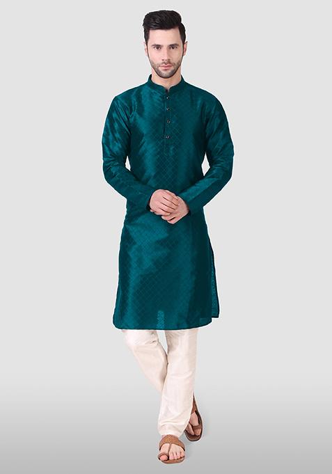 Teal Blue Abstract Print Art Silk Kurta Set For Men