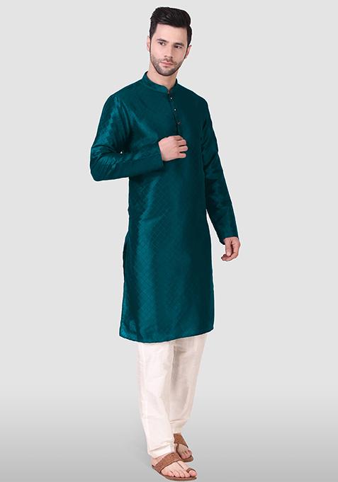 Teal Blue Abstract Print Art Silk Kurta Set For Men