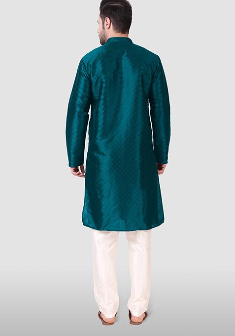 Teal Blue Abstract Print Art Silk Kurta Set For Men