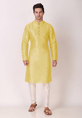Lemon Green Abstract Print Art Silk Kurta Set For Men