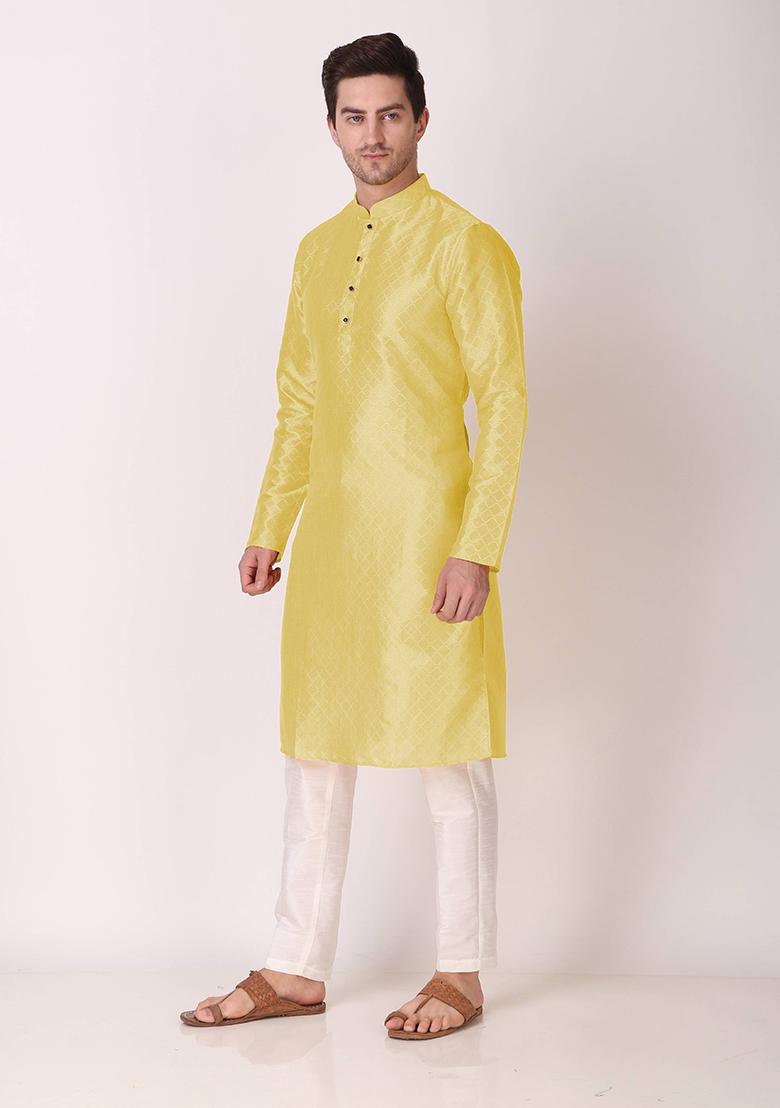 Lemon Green Abstract Print Art Silk Kurta Set For Men - Indya