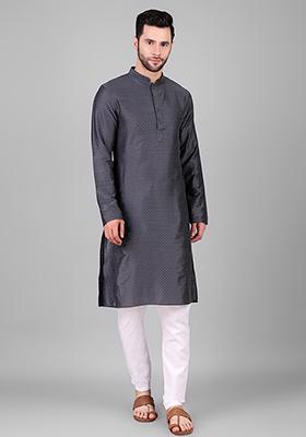 Grey Abstract Print Viscose Kurta For Men